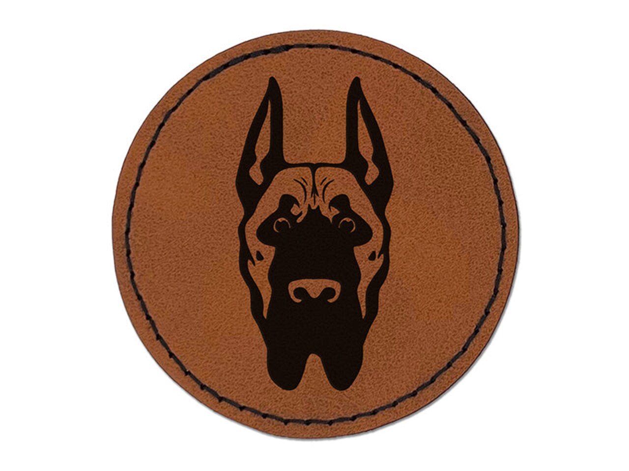 Great Dane Dog Head Pet Round Iron-On Engraved Faux Leather Patch Applique - 2.5"